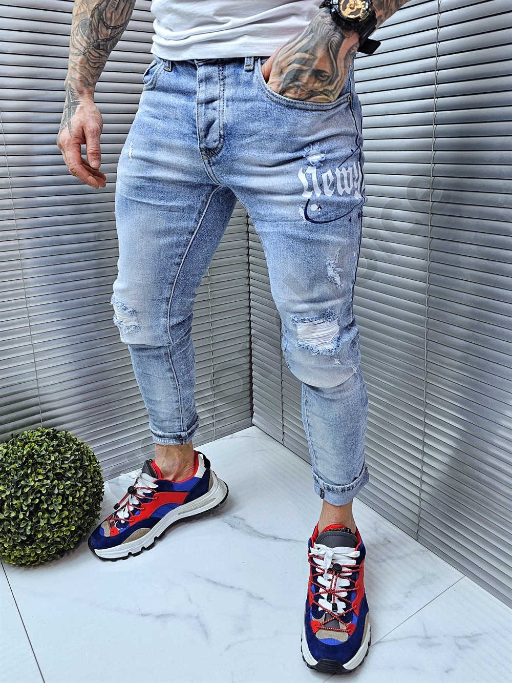 Ανδρικό Skinny Fit τζιν με τύπωμα-μπλέ ανοιχτό-κωδ 7353