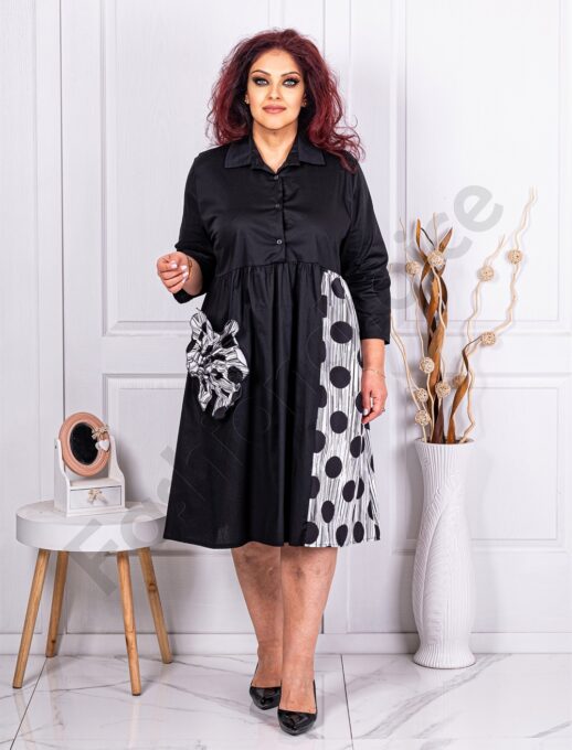 Plus size φόρεμα με πουά και απλικέ λουλούδι-κωδ 3057