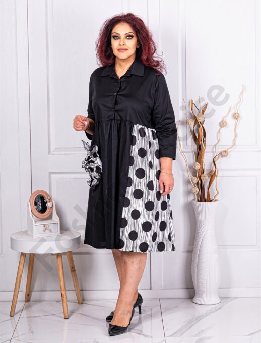 Plus size φόρεμα με πουά και απλικέ λουλούδι-κωδ 3057