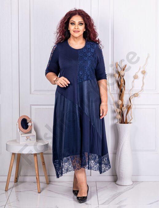 Plus size φόρεμα από συνδυασμό υφασμάτων-μπλε-κωδ 885-1