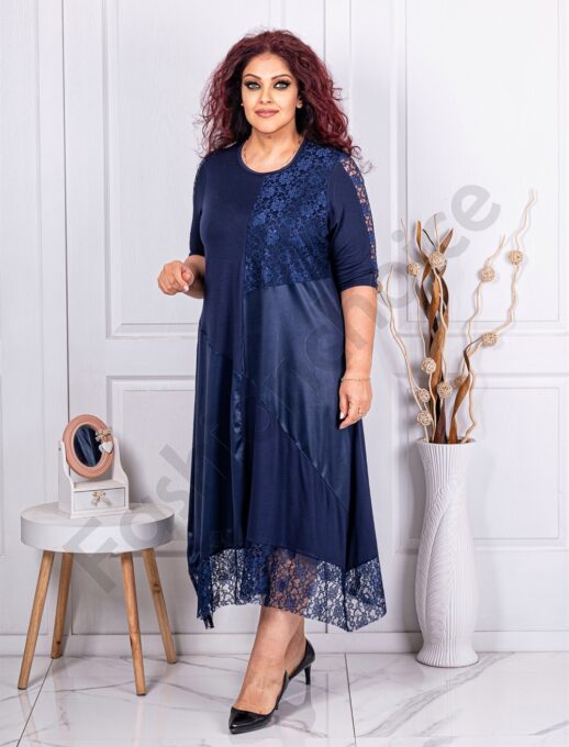 Plus size φόρεμα από συνδυασμό υφασμάτων-μπλε-κωδ 885-1