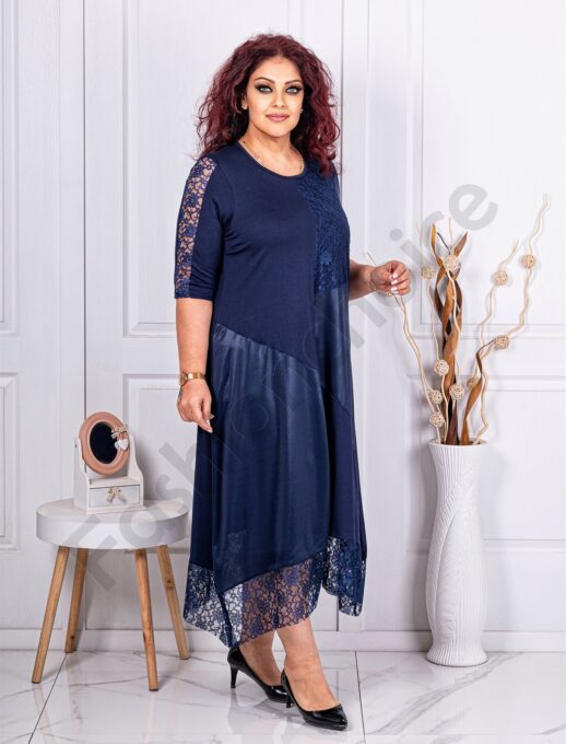 Plus size φόρεμα από συνδυασμό υφασμάτων-μπλε-κωδ 885-1