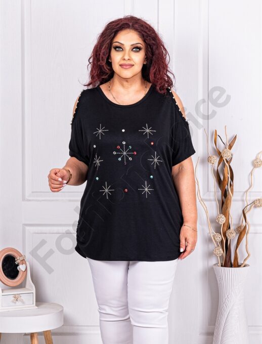 Plus size μπλούζα με άνοιγμα στους ώμους-μαύρο-κωδ 9927