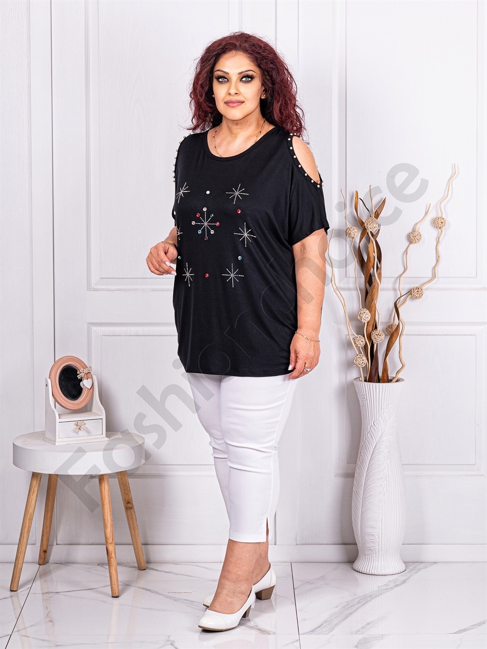 Plus size μπλούζα με άνοιγμα στους ώμους-μαύρο-κωδ 9927