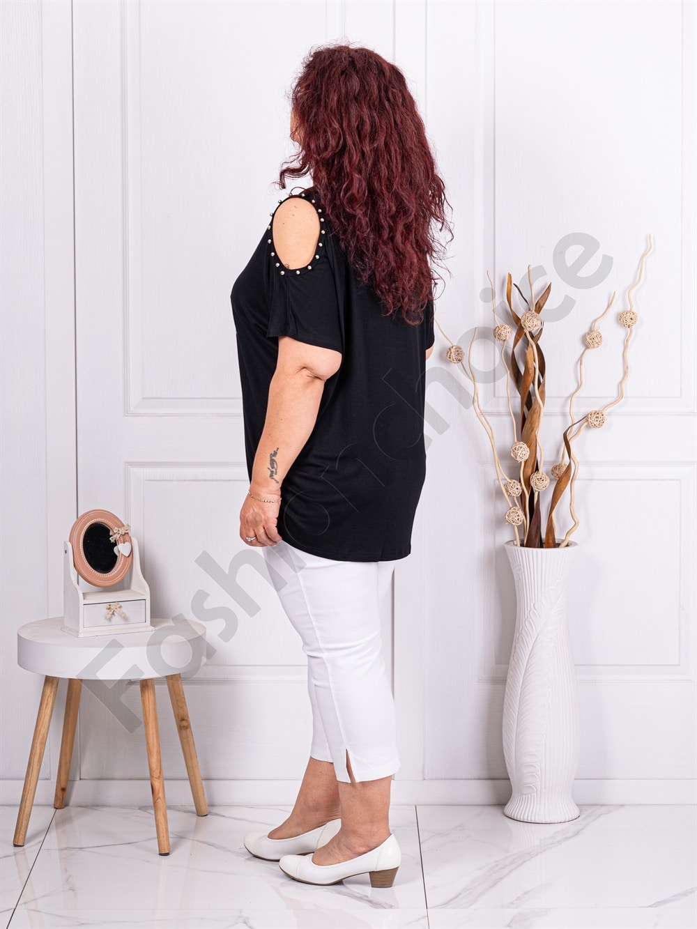 Plus size μπλούζα με άνοιγμα στους ώμους-μαύρο-κωδ 9927