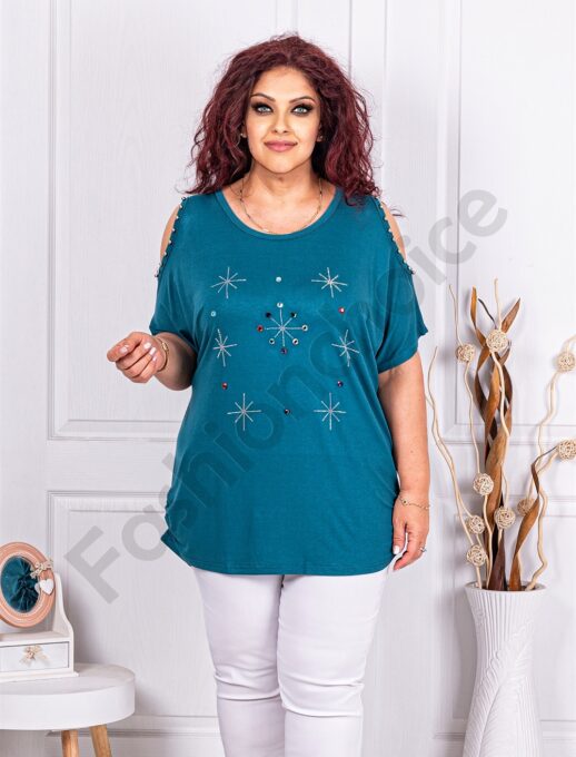 Plus size μπλούζα με άνοιγμα στους ώμους-πετρόλ-κωδ 9927-3