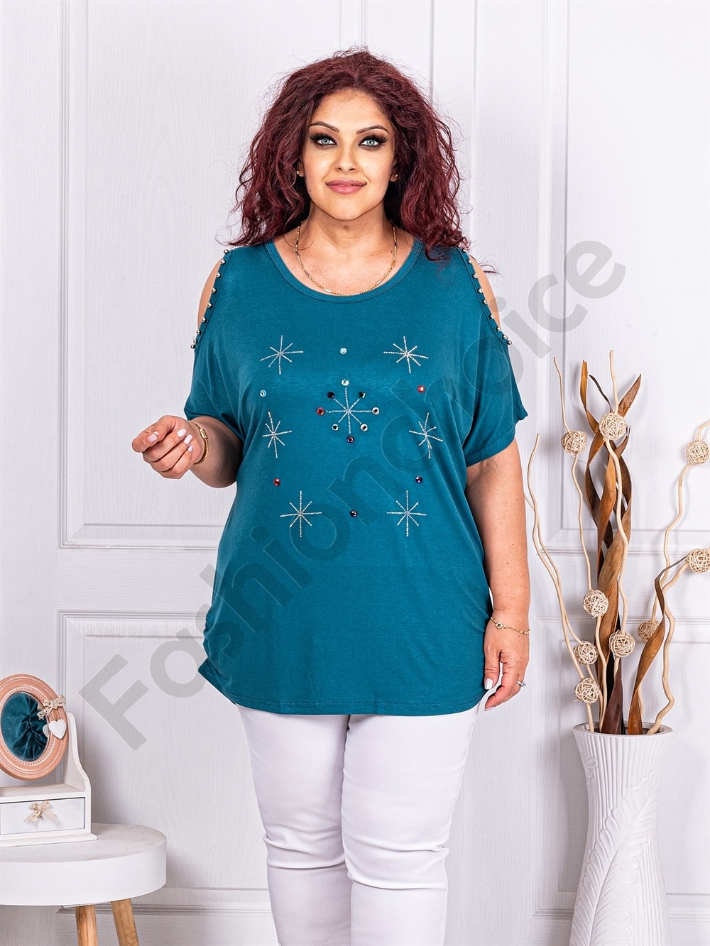 Plus size μπλούζα με άνοιγμα στους ώμους-πετρόλ-κωδ 9927-3