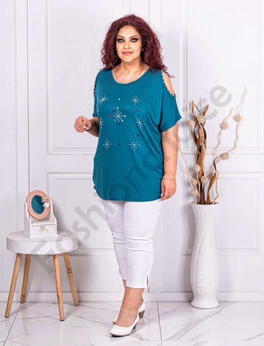 Plus size μπλούζα με άνοιγμα στους ώμους-πετρόλ-κωδ 9927-3