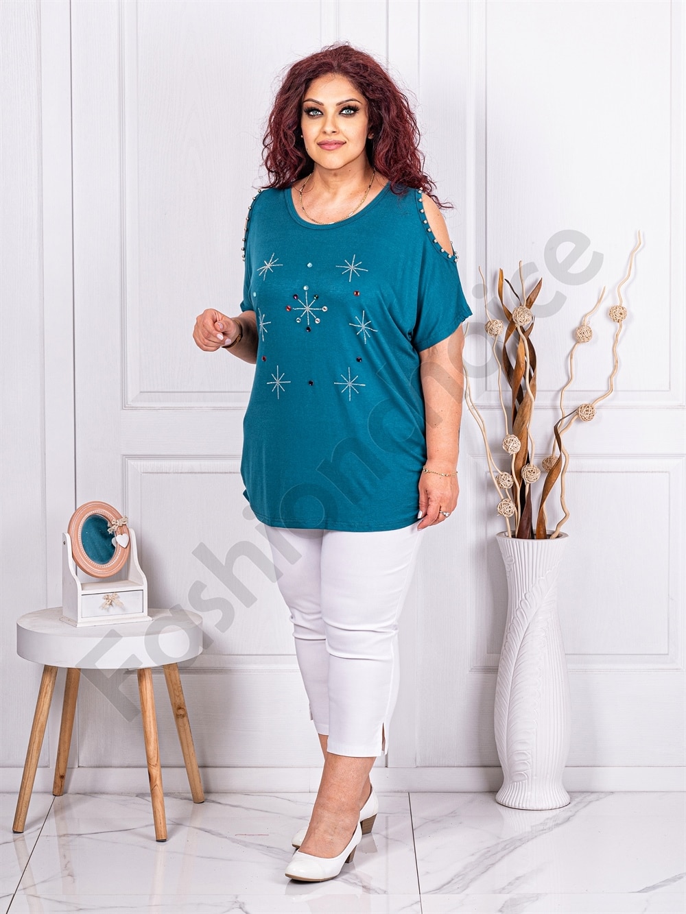 Plus size μπλούζα με άνοιγμα στους ώμους-πετρόλ-κωδ 9927-3