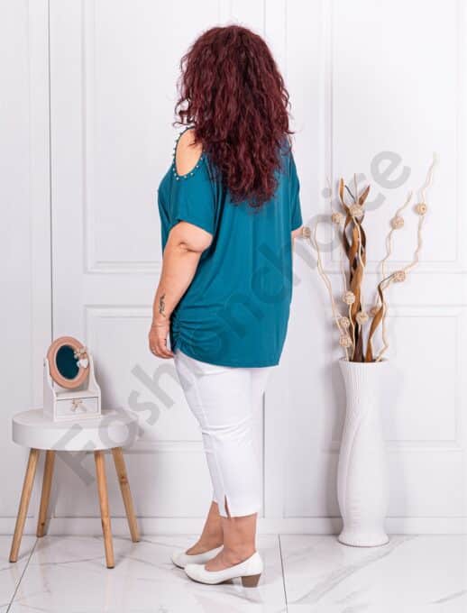 Plus size μπλούζα με άνοιγμα στους ώμους-πετρόλ-κωδ 9927-3