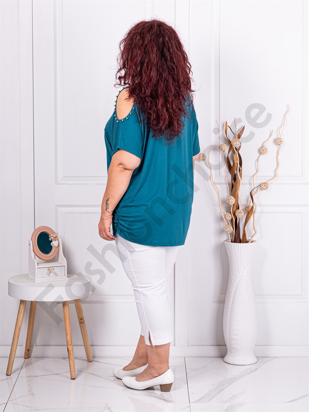 Plus size μπλούζα με άνοιγμα στους ώμους-πετρόλ-κωδ 9927-3