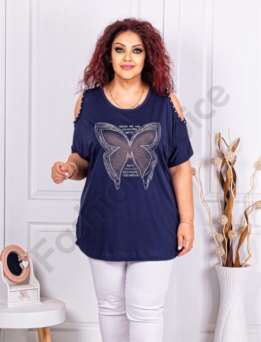 Plus size μπλούζα με άνοιγμα στους ώμους-μπλε-κωδ 9952-1