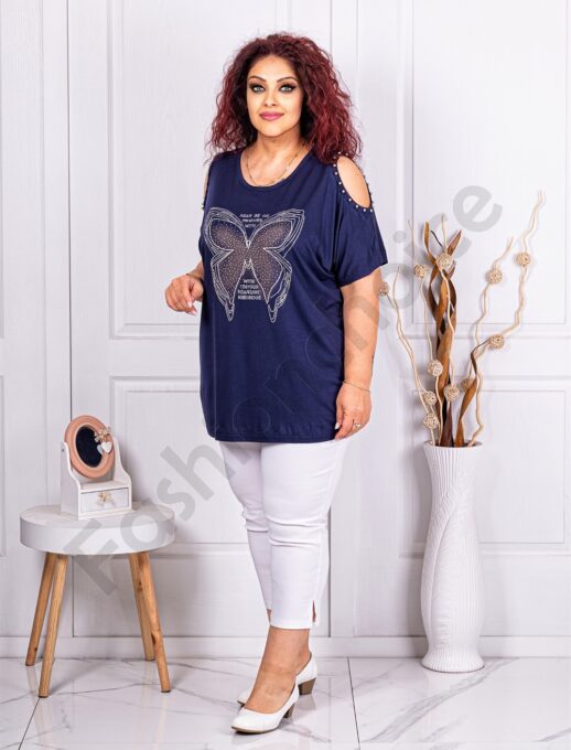 Plus size μπλούζα με άνοιγμα στους ώμους-μπλε-κωδ 9952-1