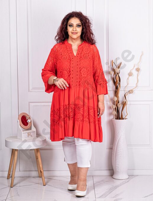Plus size δαντελένια τουνίκ με βολάν και V λαιμόκοψη-κοραλί-κωδ 1293-2
