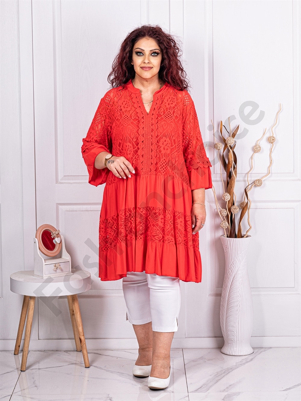 Plus size δαντελένια τουνίκ με βολάν και V λαιμόκοψη-κοραλί-κωδ 1293-2