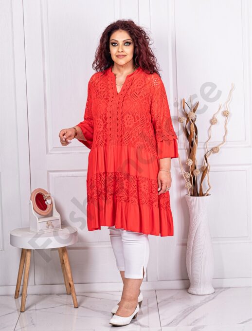 Plus size δαντελένια τουνίκ με βολάν και V λαιμόκοψη-κοραλί-κωδ 1293-2