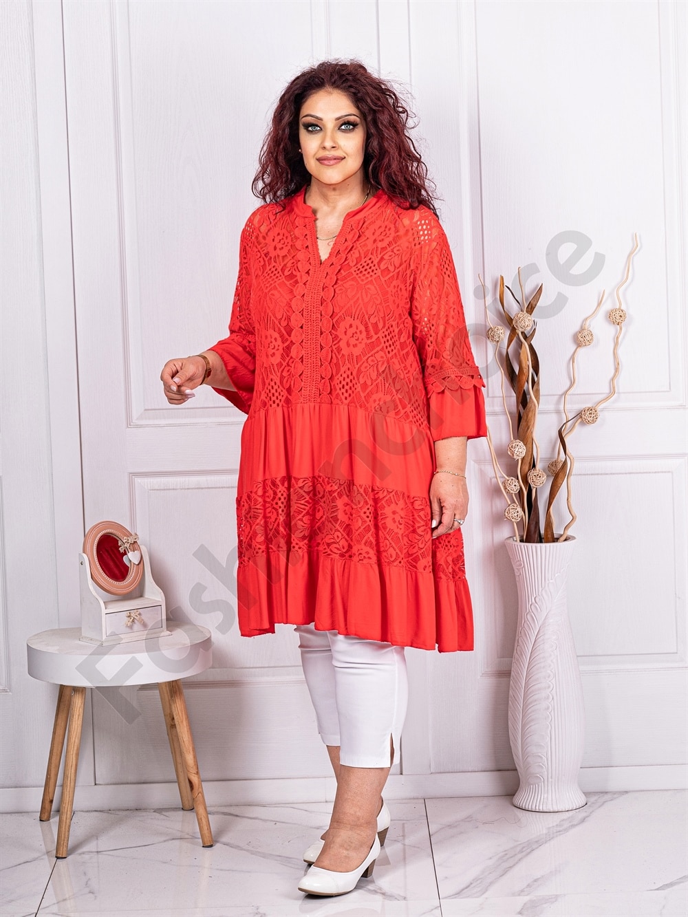 Plus size δαντελένια τουνίκ με βολάν και V λαιμόκοψη-κοραλί-κωδ 1293-2
