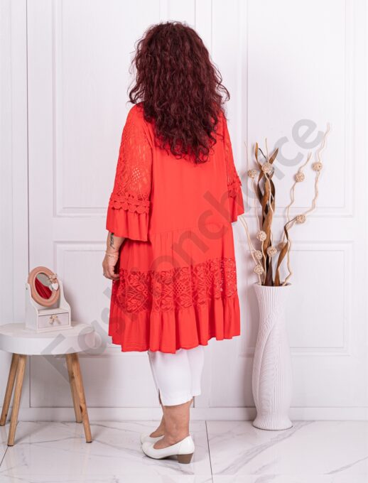 Plus size δαντελένια τουνίκ με βολάν και V λαιμόκοψη-κοραλί-κωδ 1293-2