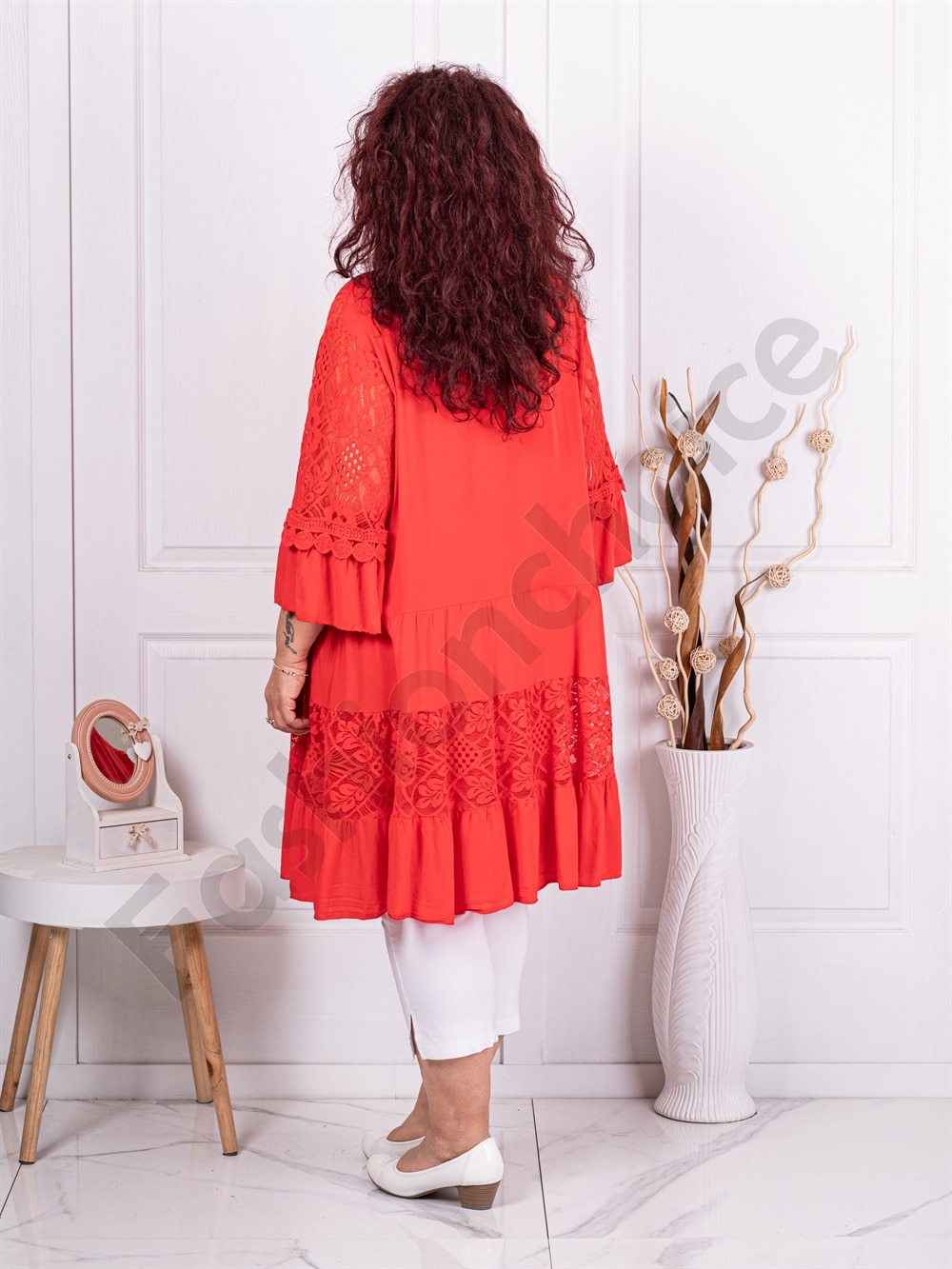 Plus size δαντελένια τουνίκ με βολάν και V λαιμόκοψη-κοραλί-κωδ 1293-2