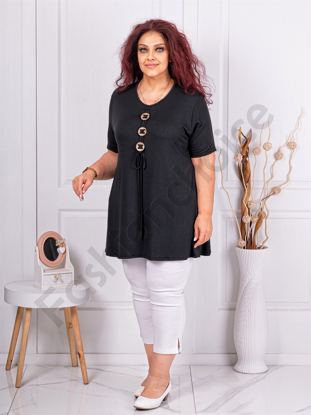 Plus size τουνίκ με τρία ξύλινα κουμπιά-μαύρο-κωδ 1683
