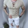 Ανδρική βαμβακερή-λινή μπλούζα με V neck-μπεζ-κωδ 9765-2