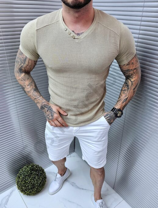 Ανδρικό βαμβακερό V-neck t-shirt-μπεζ-κωδ 1324-2
