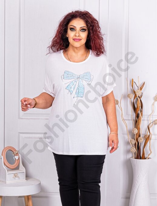 Plus size μπλούζα με φιόγκο από παγιέτα και στρας-λευκό-κωδ 9933-4