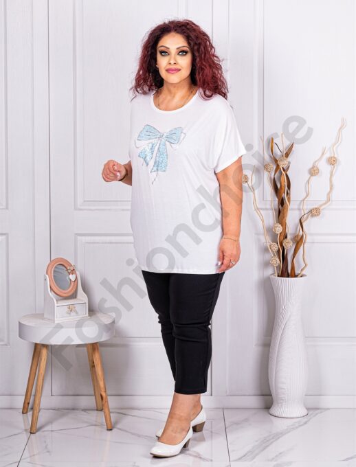 Plus size μπλούζα με φιόγκο από παγιέτα και στρας-λευκό-κωδ 9933-4