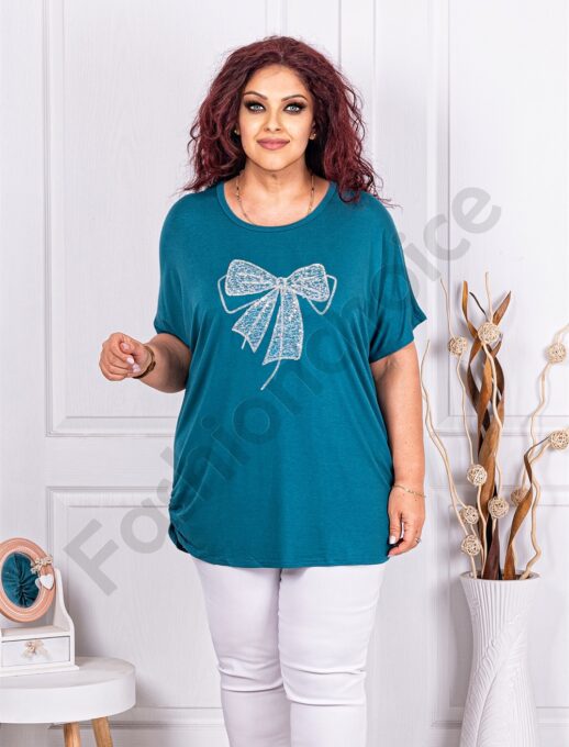 Plus size μπλούζα με φιόγκο από παγιέτα και στρας-πετρόλ-κωδ 9933-3