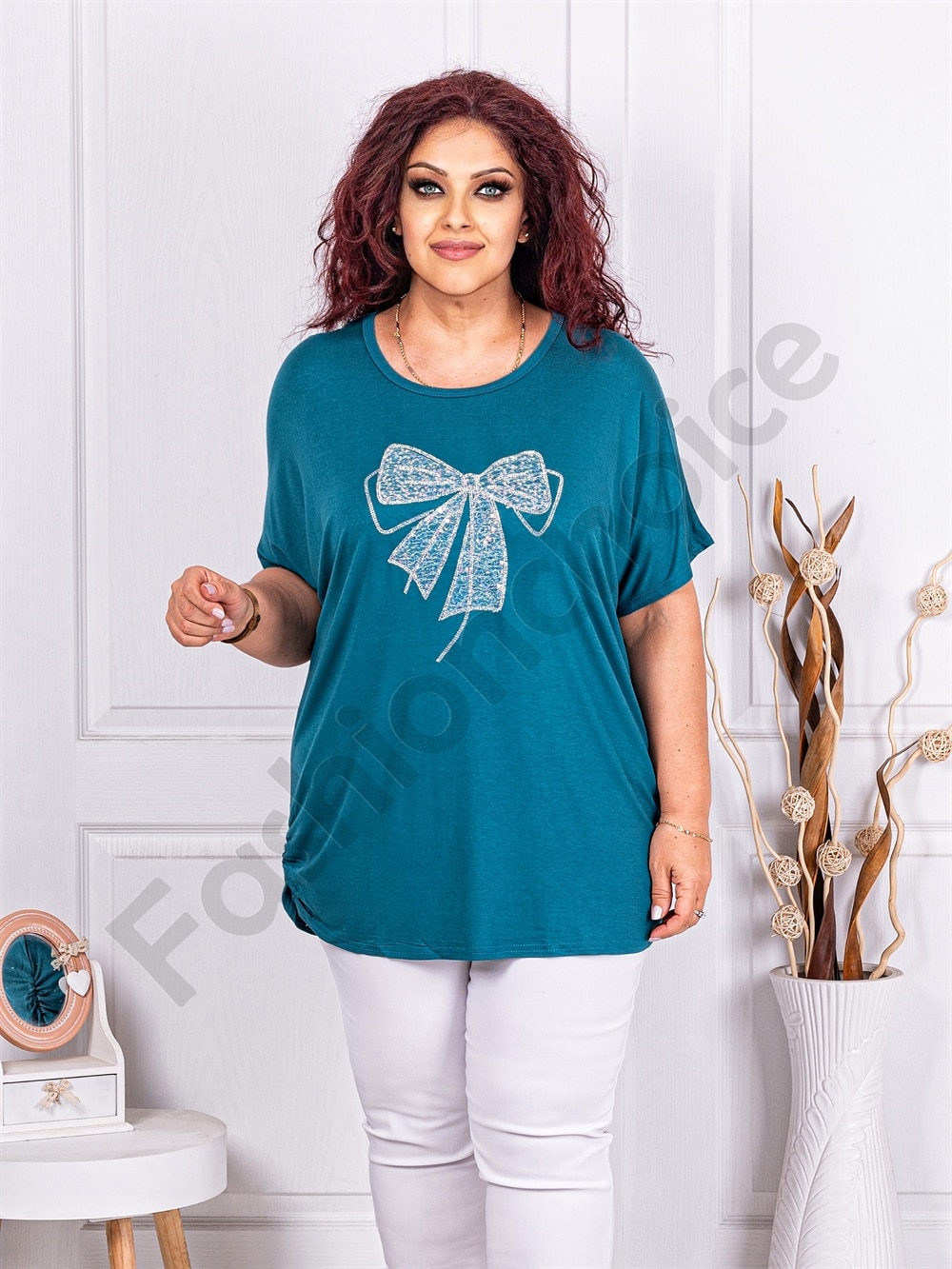 Plus size μπλούζα με φιόγκο από παγιέτα και στρας-πετρόλ-κωδ 9933-3