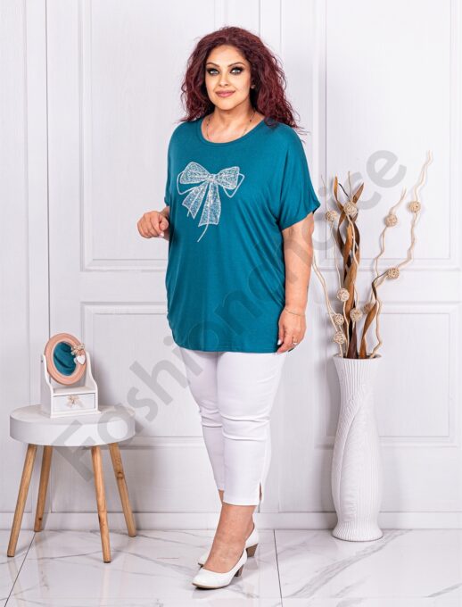 Plus size μπλούζα με φιόγκο από παγιέτα και στρας-πετρόλ-κωδ 9933-3