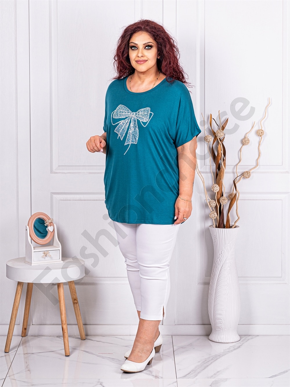 Plus size μπλούζα με φιόγκο από παγιέτα και στρας-πετρόλ-κωδ 9933-3