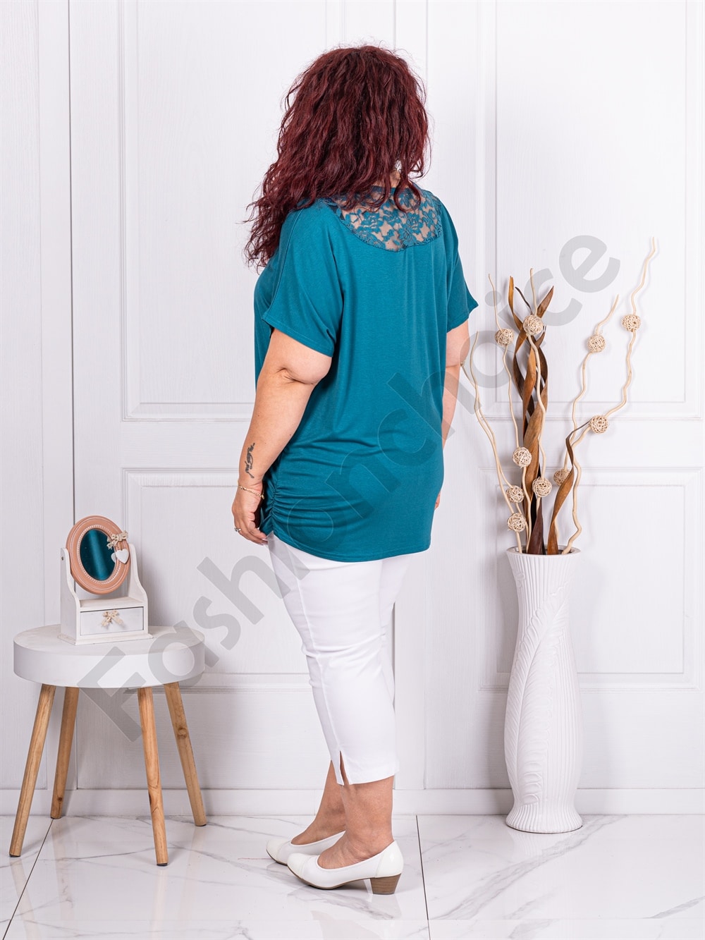 Plus size μπλούζα με φιόγκο από παγιέτα και στρας-πετρόλ-κωδ 9933-3