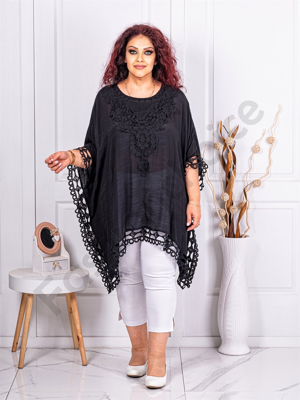 Plus size τουνίκ πόντσο με δαντέλα-μαύρο-κωδ 6807