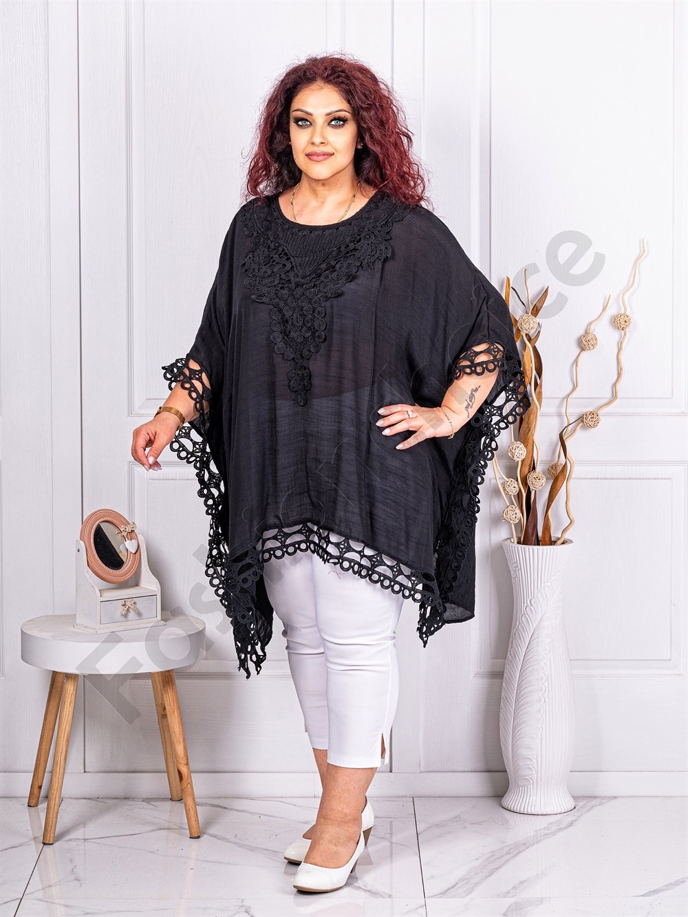 Plus size τουνίκ πόντσο με δαντέλα-μαύρο-κωδ 6807