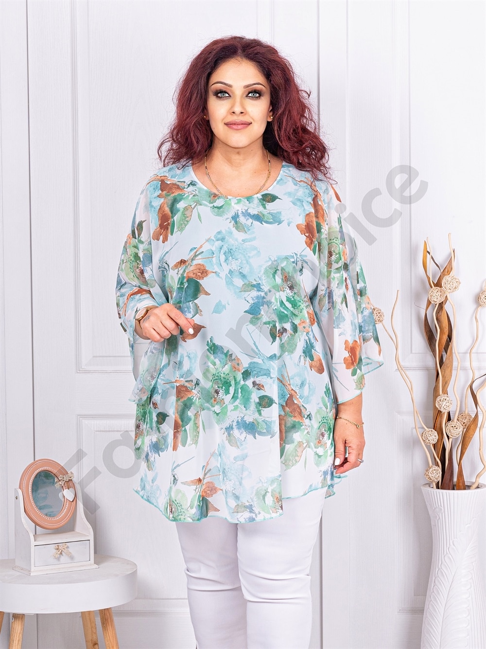Plus size σιφόν τουνίκ Floral-πράσινο-κωδ 24236-10