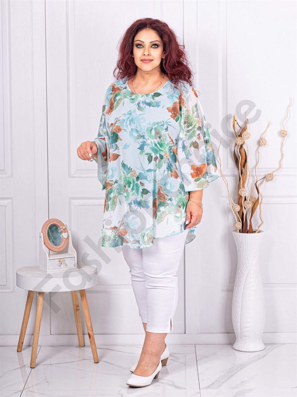 Plus size σιφόν τουνίκ Floral-πράσινο-κωδ 24236-10