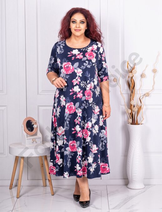 Plus size φόρεμα μπλε με ροζ τριαντάφυλλα-κωδ 24824-3