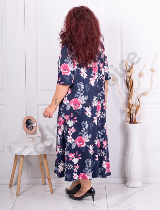 Plus size φόρεμα μπλε με ροζ τριαντάφυλλα-κωδ 24824-3