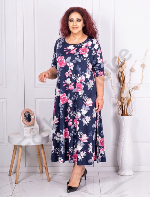 Plus size φόρεμα μπλε με ροζ τριαντάφυλλα-κωδ 24824-3