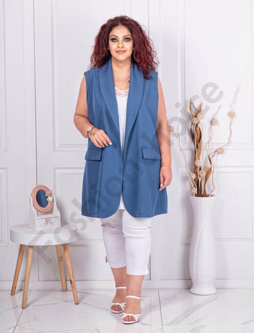 Plus size κομψό μακρύ γιλέκο-μπλε-κωδ 3268-2
