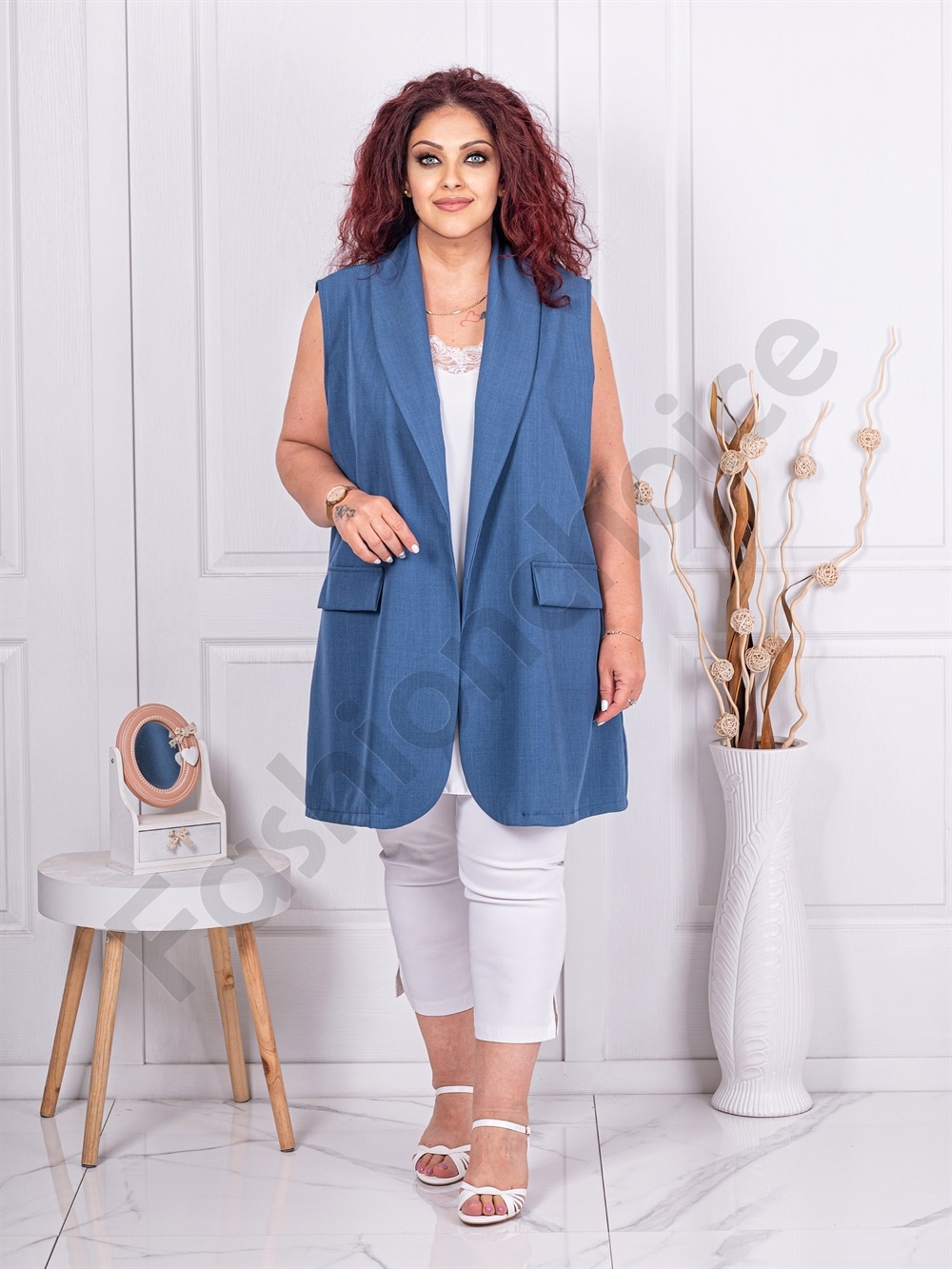 Plus size κομψό μακρύ γιλέκο-μπλε-κωδ 3268-2
