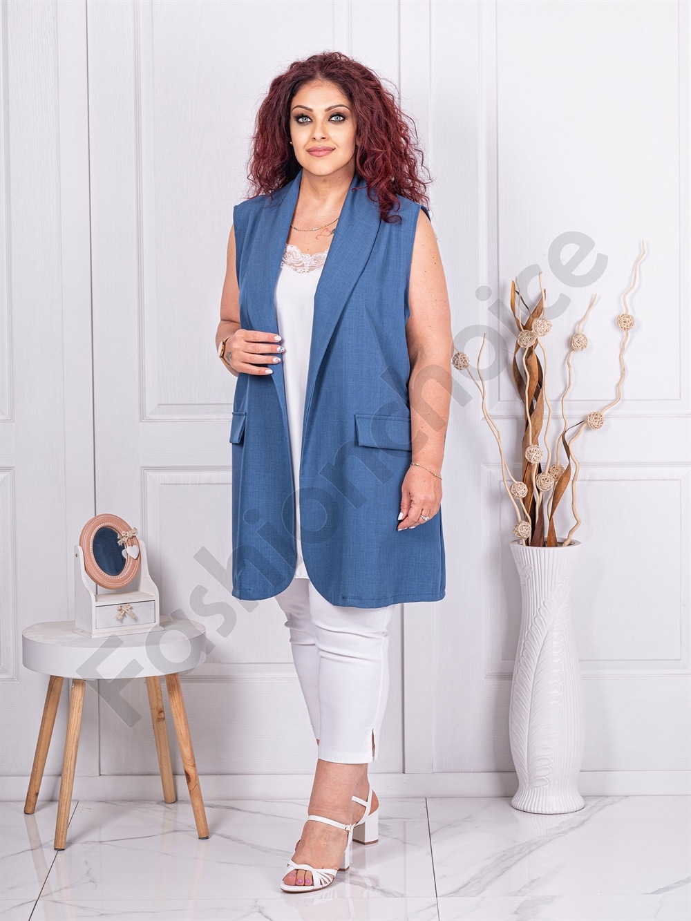 Plus size κομψό μακρύ γιλέκο-μπλε-κωδ 3268-2