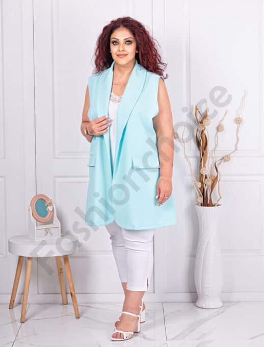 Plus size κομψό μακρύ γιλέκο-σιέλ-κωδ 3268-5