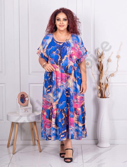 Plus size πολύχρωμο φόρεμα με βολάν-μπλε ρουά-κωδ 3665