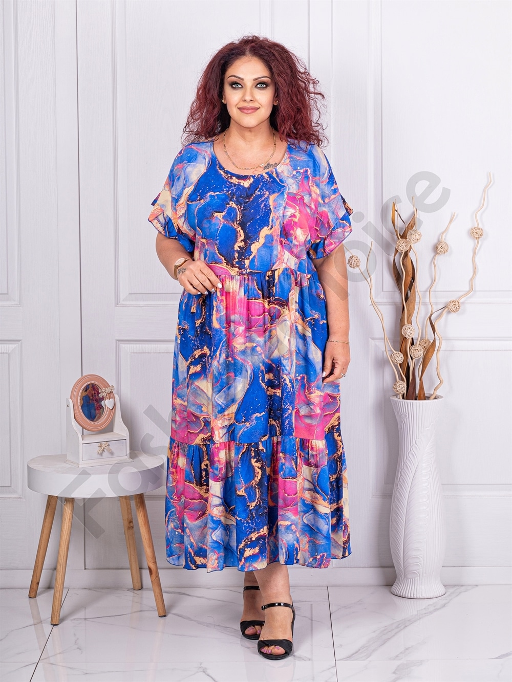 Plus size πολύχρωμο φόρεμα με βολάν-μπλε ρουά-κωδ 3665