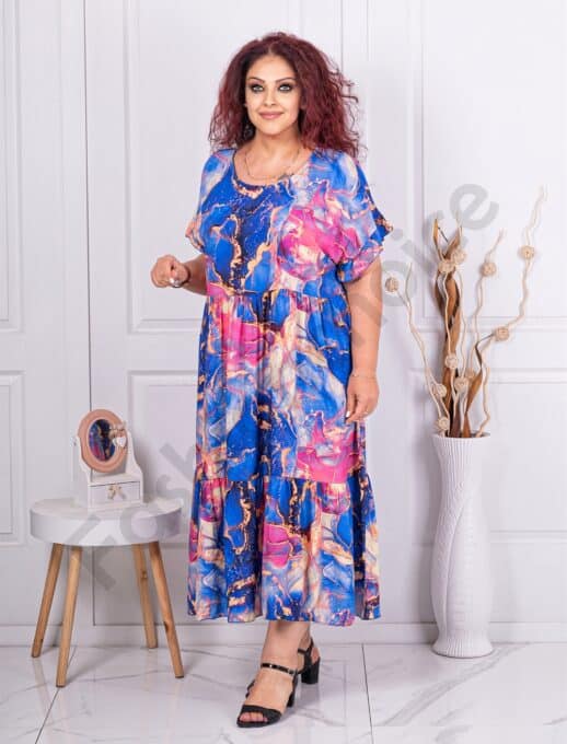 Plus size πολύχρωμο φόρεμα με βολάν-μπλε ρουά-κωδ 3665