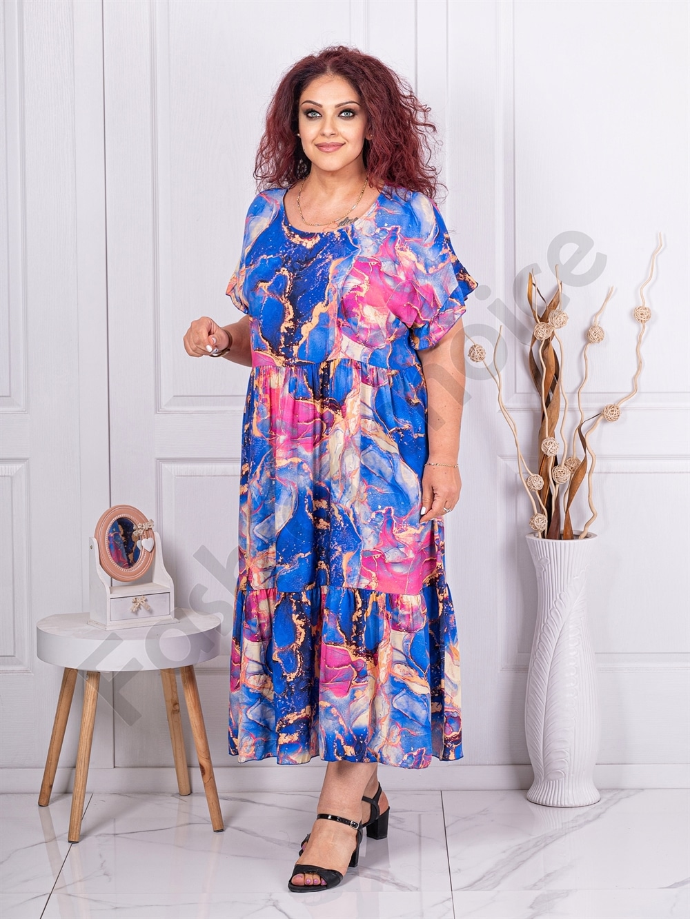 Plus size πολύχρωμο φόρεμα με βολάν-μπλε ρουά-κωδ 3665