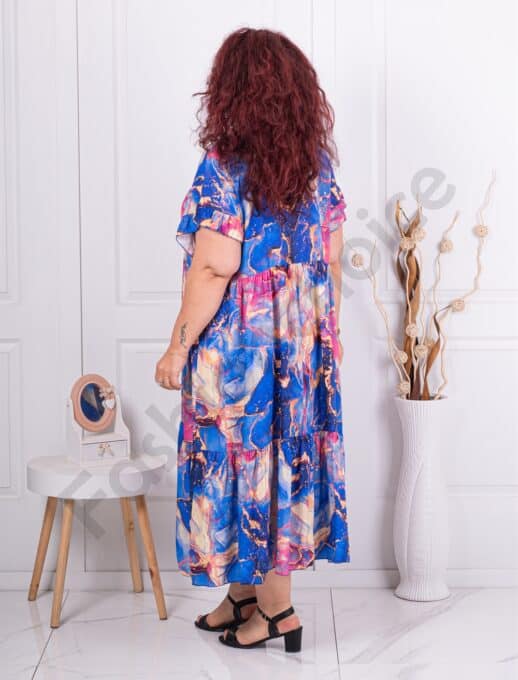 Plus size πολύχρωμο φόρεμα με βολάν-μπλε ρουά-κωδ 3665