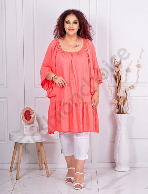 Plus size βολάν τουνίκ με τσαλακωμένη υφή-κοραλί-κωδ 6592-1